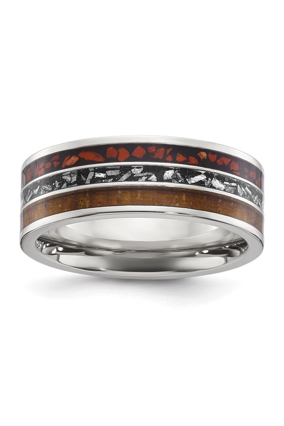 Stainless Steel with Wood, Imitation Meteorite and Red Stone Inlay 8mm Band Size 12.5