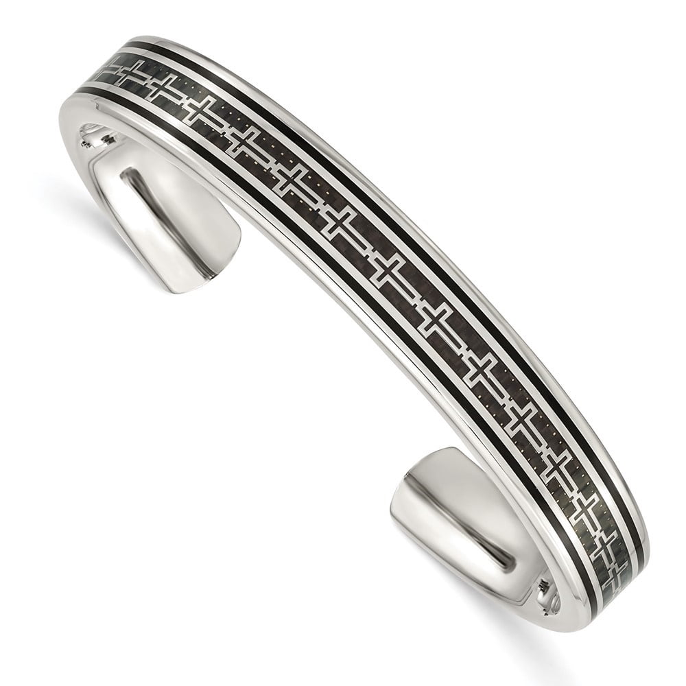 Diamond2Deal Stainless steel Black IP-Plated with Black Carbon Fiber Inlay Cross Design Cuff Bangle Bracelet for Men 7"