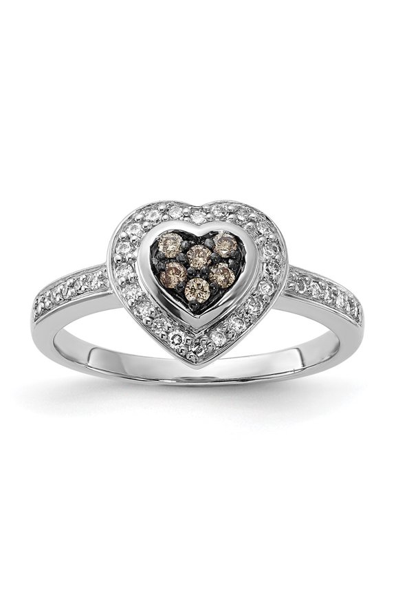 Sterling Silver Polished Champagne & Clear Diamond Heart Ring