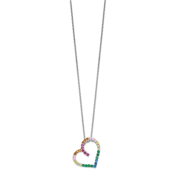 Diamond2Deal Sterling Silver Rhodium-plated with 1 inch extender Fancy Lobster Clasp Colorful Cubic Zirconia Open Heart Necklace for Women 18"