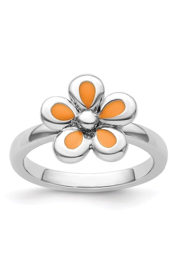 Sterling Silver Stackable Expressions Polished Orange Enameled Flower Ring