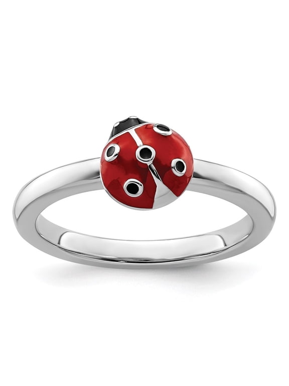 Sterling Silver Stackable Expressions Red/Black Enamel Ladybug Ring