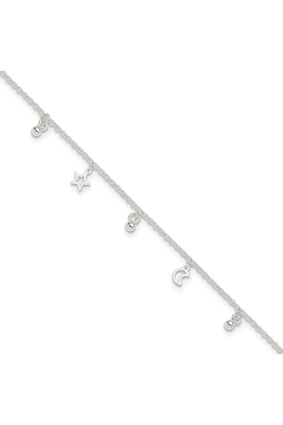 Sterling Silver Star and Moon 9 inch Plus 1 inch Extender Total 10 inch Anklet