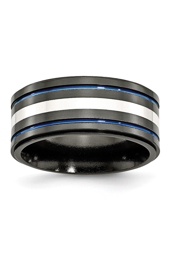 Titanium Black Ti/Sterling Silver Inlay Blue Anodized 10mm Men's Band Size 8.5