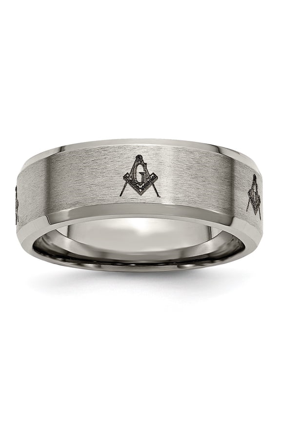 Titanium Brushed and Polished Masonic Laser Design 8mm Beveled Edge Band