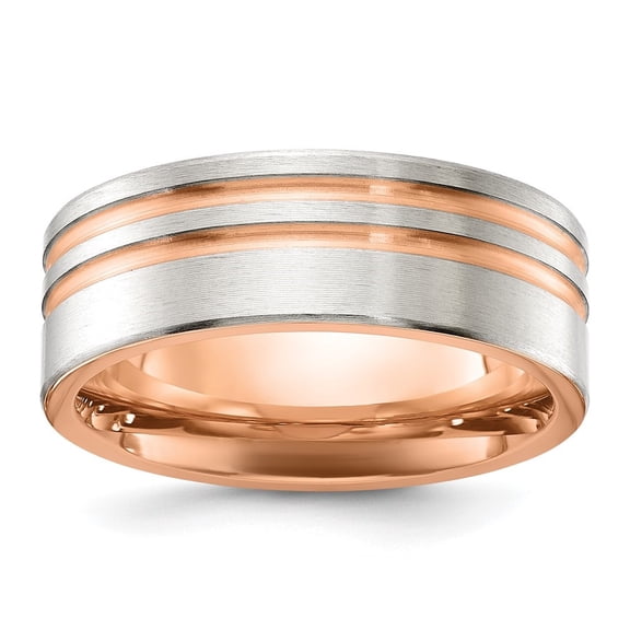 Diamond2Deal Titanium Brushed and Polished Rose IP-plated Stripes 8mm Men's Band Size 10