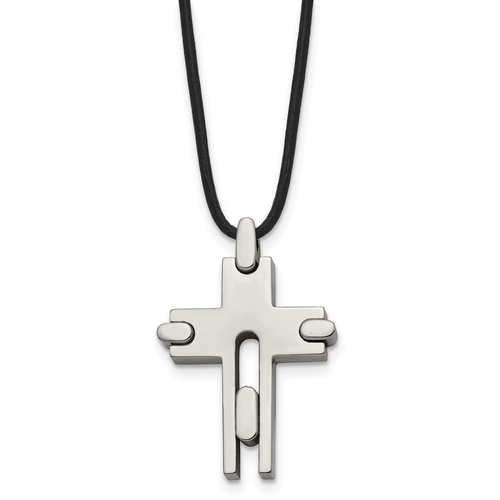 Diamond2Deal Titanium Polished Cross Leather Cord Necklace for Men 18"
