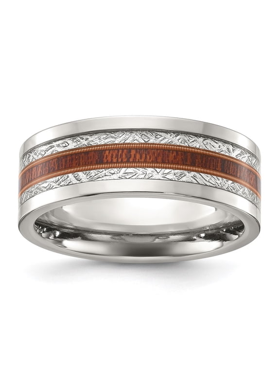 Titanium Polished with Wood and Imitation Meteorite Inlay 8mm Men's Band Size 12