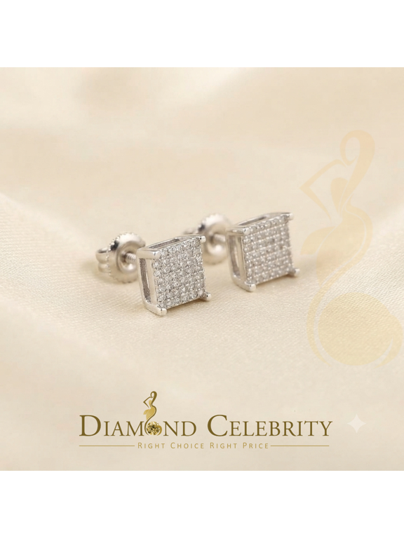 925 White Silver 0.25 ct Square Real Genuine Diamond Stud Men's Fashion Earrings