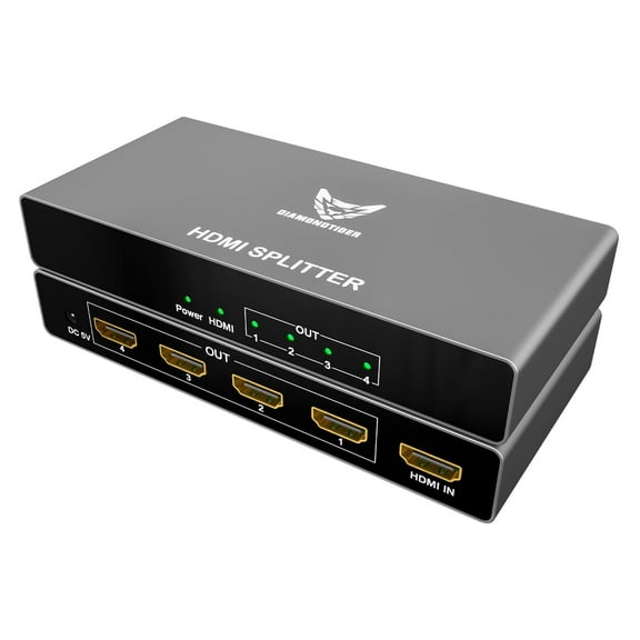 DiamondTiger 4K HDMI Splitter 1 in 4 Out - 4K @ 60Hz, HDMI 2.0, HDCP 2.0, 18 Gbps EDID, Ultra HD 4 Port HDMI Splitter for TV, 3 Layers Cascade, Extra Long Distance, 3D Audio Video Sync (1x4)