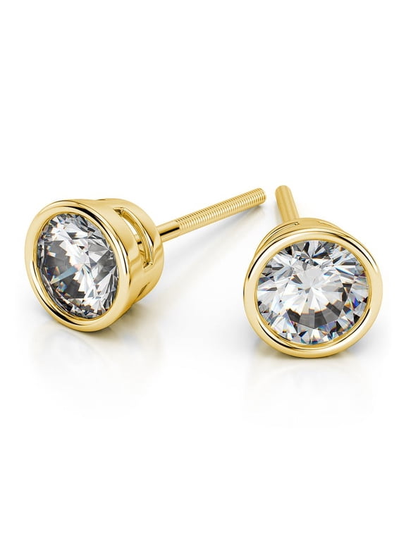 Diamondcapitals 1.00 Carat Bezel setting Solitaire Stunning Round Moissanite Screw Back Stud Earrings In 18K Yellow Gold over Silver, Female