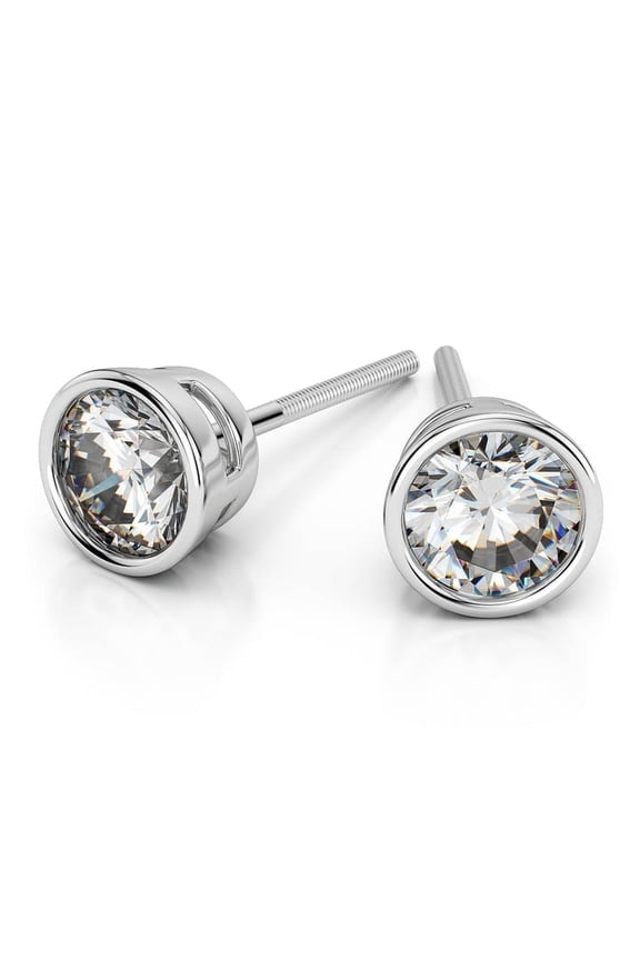 Diamondcapitals 2 Carat Colorless Round Moissanite Screw Back Stud Earrings Bezel Setting In 18K White Gold Plating over Silver, Female