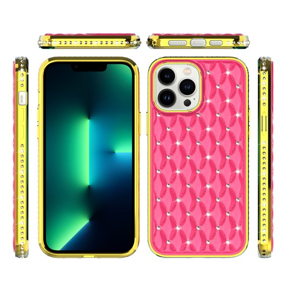 Diamonds Case Compatible with Apple iPhone 14 Pro (6.1") Luxury Chrome Diamonds Rhinestone Thick Shiny Bling Protective Rubber Frame Cover [ Hot Pink ]