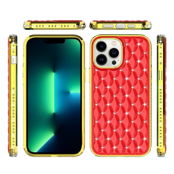 Diamonds Case Compatible with Apple iPhone 14 Pro (6.1") Luxury Chrome Diamonds Rhinestone Thick Shiny Bling Protective Rubber Frame Cover [ Red ]