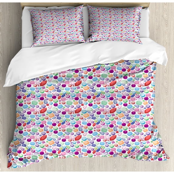 Diamonds Duvet Cover Set Queen Size, Digitally Composed Illustration of Many Shapes of Colorful Stones Feminine Pattern, Decorative 3 Piece Bedding Set with 2 Pillow Shams, Multicolor, by Ambesonne
