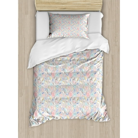 Diamonds Duvet Cover Set Twin Size, Pastel Color Baguette Square and Oval Shapes Feminine Design Star Filled Backdrop, Decorative 2 Piece Bedding Set with 1 Pillow Sham, Multicolor, by Ambesonne
