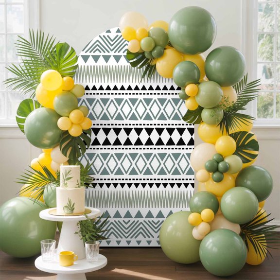 Diamonds Pattern Arch Backdrop Cover, 4FT, Abstract Green Black Arrows Dots Lines Spandex Arch Covers Double-Sided Backdrop for Wedding Birthday Party Photo Background Decoration