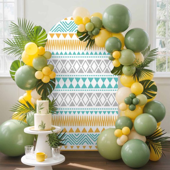 Diamonds Pattern Arch Backdrop Cover, 4FT, Abstract Green Yellow Arrows Dots Lines Spandex Arch Covers Double-Sided Backdrop for Wedding Birthday Party Photo Background Decoration