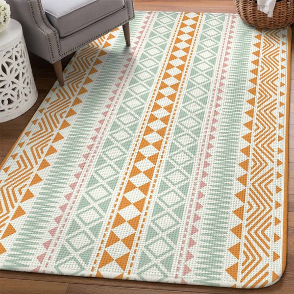 Diamonds Pattern Area Rugs for Living Room 5x6, Abstract Green Orange Arrows Dots Lines Washable Area Rug with Non Slip Backing, Stain Resist Linen Carpet for Bedroom, Dining Room, Entryway, Entrance