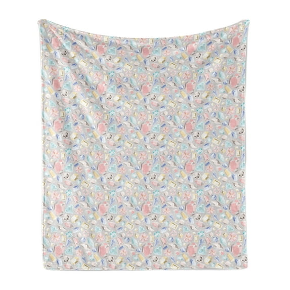 Diamonds Soft Flannel Fleece Blanket, Pastel Color Baguette Square and Oval Shapes Feminine Design Star Filled Backdrop, Cozy Plush for Indoor and Outdoor Use, 70" x 90", Multicolor, by Ambesonne