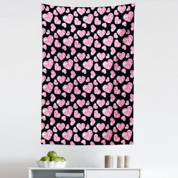 Diamonds Tapestry, Romantic Pink Heart Stones on Black Background Valentines Day Theme, Fabric Wall Hanging Decor for Bedroom Living Room Dorm, 5 Sizes, Pale Pink Black, by Ambesonne