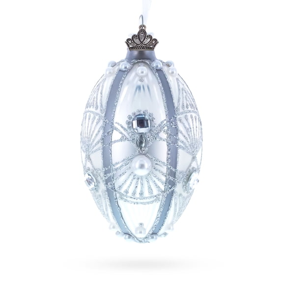 Diamonds on Silver Glass Egg Ornament 4 Inches