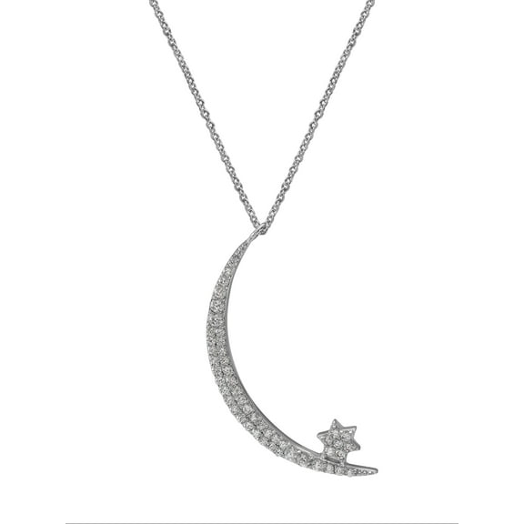 Diamoness Women's CZ Silver Plated Crescent Moon and Star Pendant Necklace, 18"