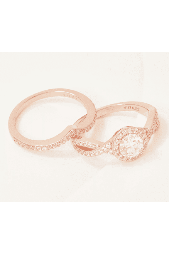 Rose Clad Sterling Silver Round Halo Ring & Pointed Band Set Size 6