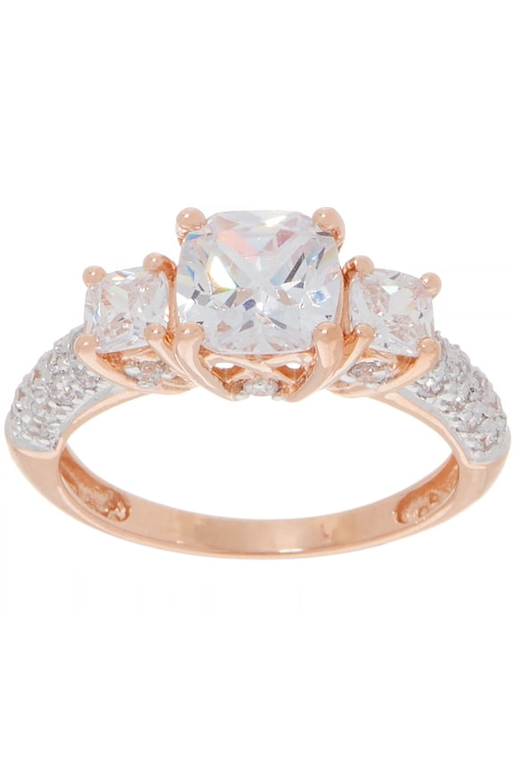 Sterling Silver Roseclad Three Stone Cushion Cut Ring, Size 7