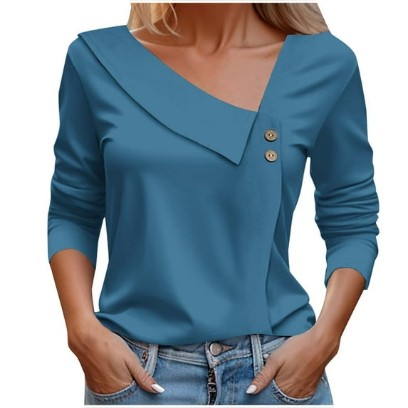 DianGeFu 3/4 Sleeve Shirts for Women Fall Clothes New Trendy 2024,Women's Fashion Casual Solid Color Button-Up Blouse T-shirt Tops Blouse,Blue,XL