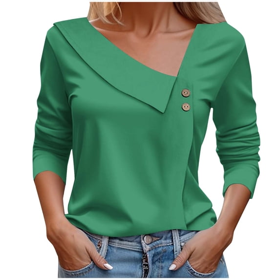 Spring !DianGeFu 3/4 Sleeve Shirts for Women Fall Clothes New Trendy 2025,Women's Fashion Casual Solid Color Button-Up Blouse T-shirt Tops Blouse,Green,L