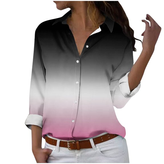 DianGeFu 3/4 Sleeve Shirts for Women Fall Clothes New Trendy Fall,Women's Long Sleeved Regular Casual Orange Series Printed Lapel Button Up Shirt,Pink,S