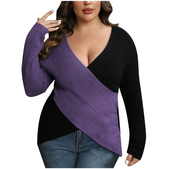 DianGeFu Fall Clothes Womens Tops Long Sleeve ,Women's Fashion Color Contrast Splice Long Sleeve V-neck Pullover Sweater,Purple,XXL