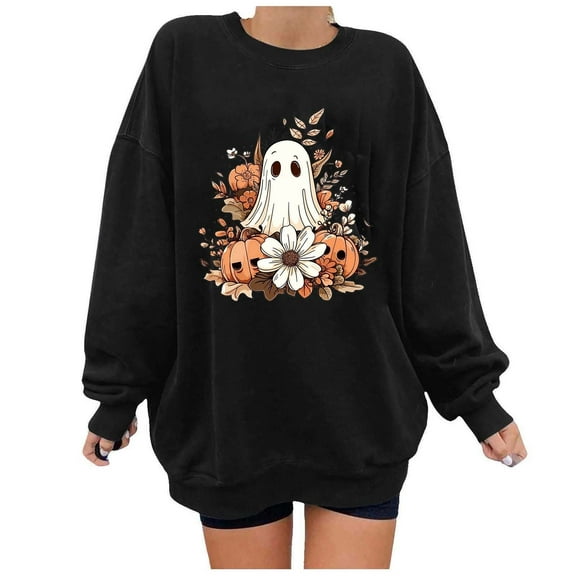 DianGeFu Hoodies for Women Plus Size Long Sleeve Print Loose Blouse Round Neck Hoodless Sweatshirts 2024 Fall/Winter Trendy(Black,XXL)