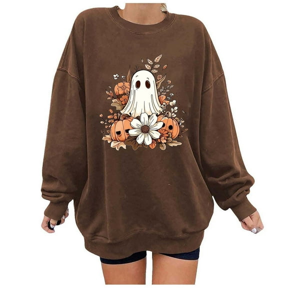 DianGeFu Hoodies for Women Plus Size Long Sleeve Print Loose Blouse Round Neck Hoodless Sweatshirts 2024 Fall/Winter Trendy(Coffee,XL)
