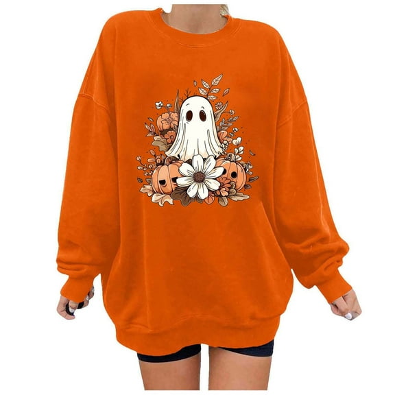 DianGeFu Hoodies for Women Plus Size Long Sleeve Print Loose Blouse Round Neck Hoodless Sweatshirts 2024 Fall/Winter Trendy(Orange,XXL)