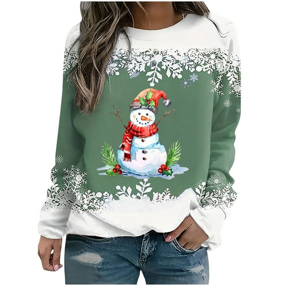 DianGeFu Hoodies for Women Plus Size Long Sleeve Print Round Neck Loose Tops Blouse Sweatshirts 2024 Christmas Fashion Casual(Green,S)