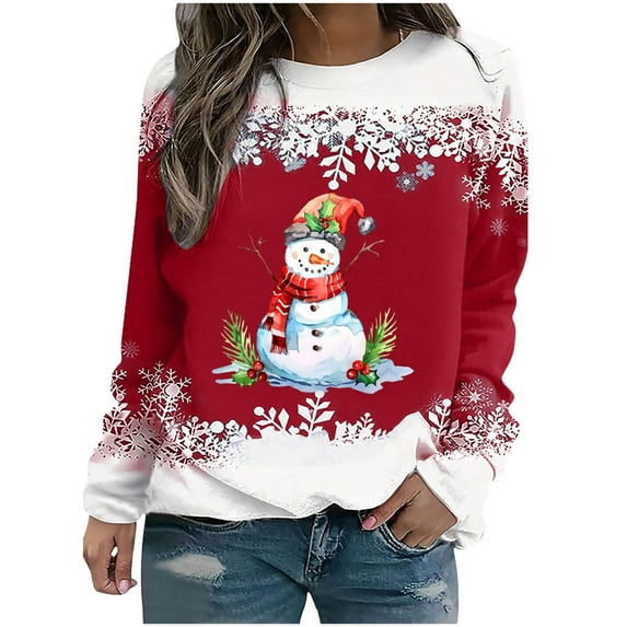 DianGeFu Hoodies for Women Plus Size Long Sleeve Print Round Neck Loose Tops Blouse Sweatshirts 2024 Christmas Fashion Casual(Red,S)