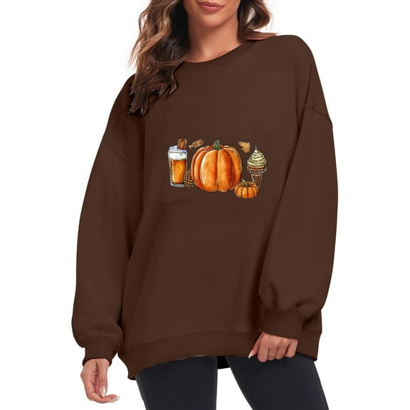 DianGeFu Hoodies for Women Plus Size Print Loose Long Sleeve Blouse 2024 Halloween Fashion Trendy(Coffee,S)