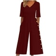 thumbnail image 1 of DianGeFu Jumpsuits for Women Dressy Short Sleeve Smocked High Waist Wide Leg Pants,Women's Summer Fashionable and Comfortable Solid Color Short Sleeved V-neck Jumpsuit,Wine,XXL, 1 of 6