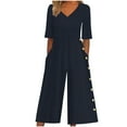thumbnail image 1 of DianGeFu Jumpsuits for Women Dressy Short Sleeve Smocked High Waist Wide Leg Pants,Women's Summer Fashionable and Comfortable Solid Color Short Sleeved V-neck Jumpsuit,Navy,XL, 1 of 6