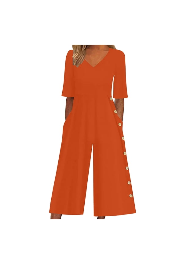Jumpsuits for Women Dressy Short Sleeve Smocked High Waist Wide Leg Pants,Women's Summer Fashionable and Comfortable Solid Color Short Sleeved V-neck Jumpsuit,Orange,XXL