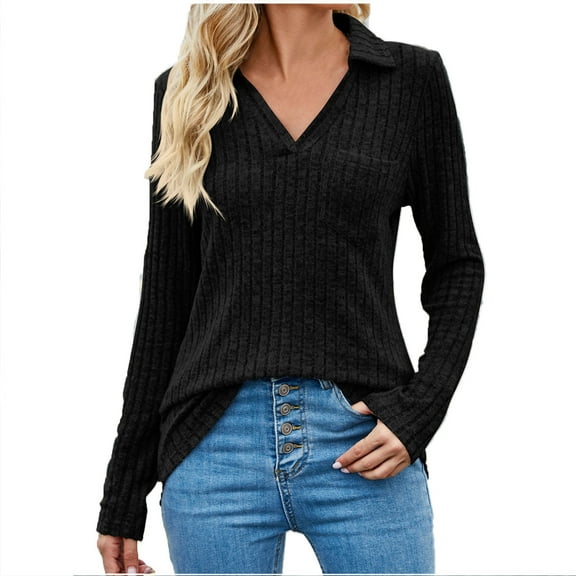 DianGeFu Ladies Fall Winter Tees Shirts,Women's Fashion Pullover Long Sleeve V-Neck Blouse T-Shirt,Black,S