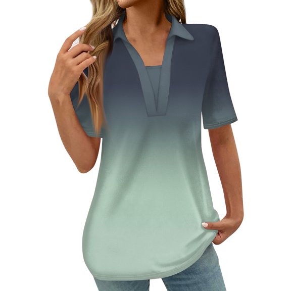 DianGeFu Ladies Tops under $10,Fashion Women's Gradient Printed Blouses Short Sleeved T-Shirt Turndown Collar Top,Mint Green,XXXL