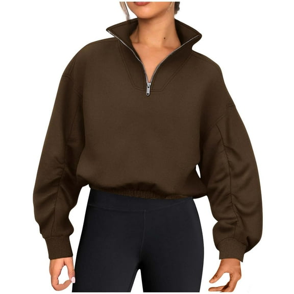 DianGeFu Long Sleeve Shirts for Womens Plus Size,Fashion Woman Long Sleeve V-Neck Solid Blouse Causal Pullover Zipper Tops,Coffee,XXL