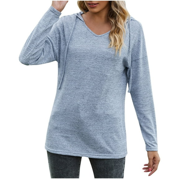 DianGeFu Plus Size Womens Hoodies Pullover Fashion Casual,Women's Popular Solid V-neck Hooded Loose Sleeved Top Sweater,Light Blue,S