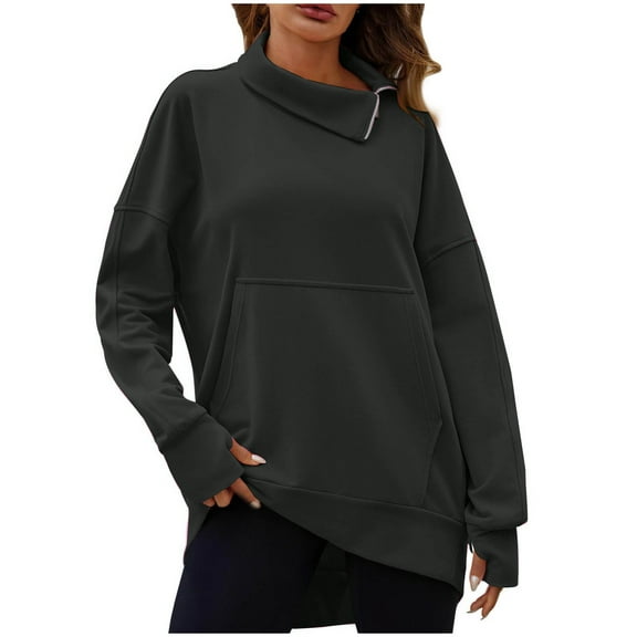 DianGeFu Ribbed Dresses for Plus Size Women In Fall 50% Off Clear,Fashion Women's Casual Long Sleeve Solid Turtleneck Zipper Pocket Ladies Tops Blouse,Black,XL