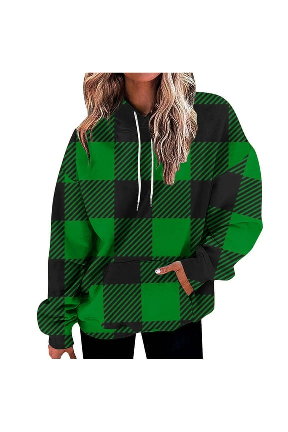 Sweatshirts and Hoodies Womens Plus Size Save Up under 50%,Women's plaid printed hooded button pocket long sleeved top sweater,Green,S