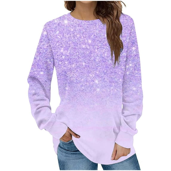 DianGeFu Sweatshirts for Women Plus Size Casual Long Sleeve Round Neck Print Pattern Tops Blouse 50% Off Clear(Purple,S)