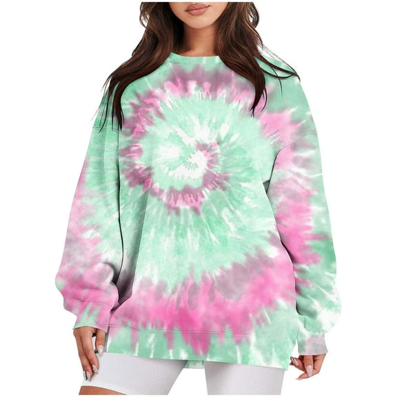 DianGeFu Sweatshirts for Women Plus Size Round Neck Long Sleeve Tops With Slit Hem 2024 Fashion Trendy(Green,S)